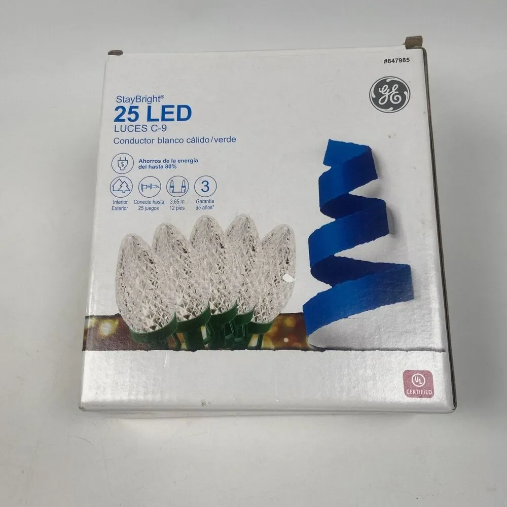 GE 25 CT StayBright C9 LED Christmas Light String Set Warm White Green 12 Feet